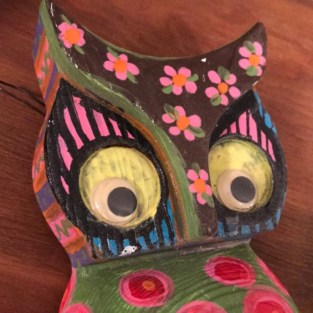 Anthropologie Green & Pink Painted Owl Wall Decor